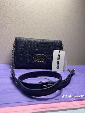 Steve Madden Navy Embossed Chain-Accent Crossbody Bag